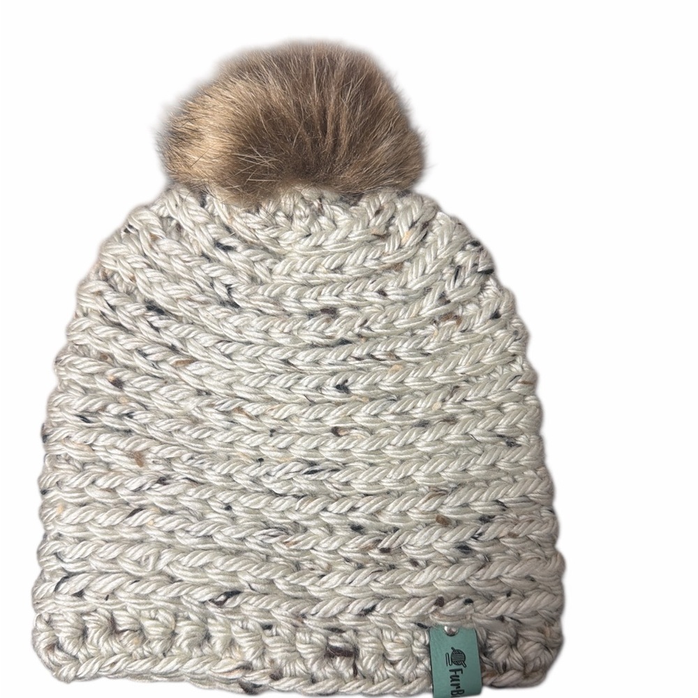 Cream milt color crochet beanie by me with removable light brown Pom